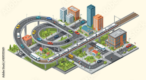 Modern City Traffic Interchange with Train, Cars, and Buildings