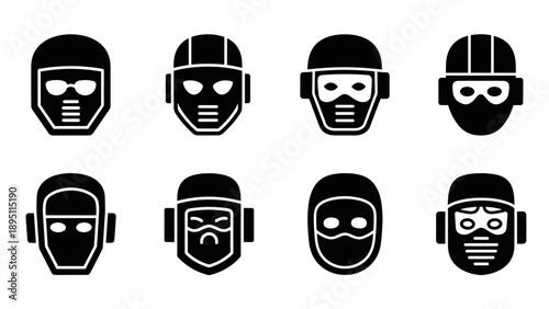 Set of silhouette robot faces in simple geometric style on white background