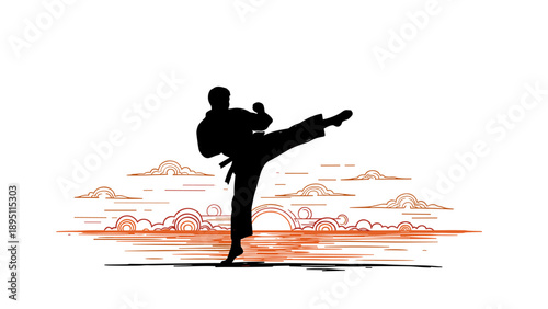 Martial artist silhouette performing karate kick with stylized cloud background