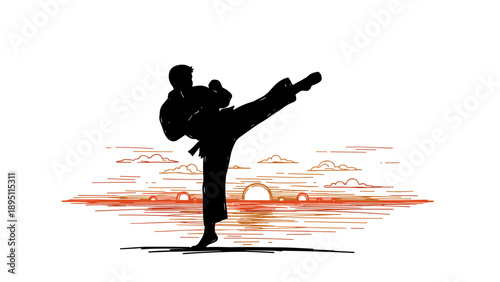 Martial artist silhouette kicking against a sunset sky with clouds