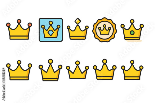 Royal crown flat icon set. Regal headwear icons collection for royalty themes