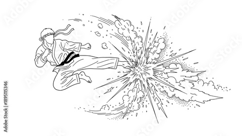 Dynamic karate kick with explosive energy in black and white line art style