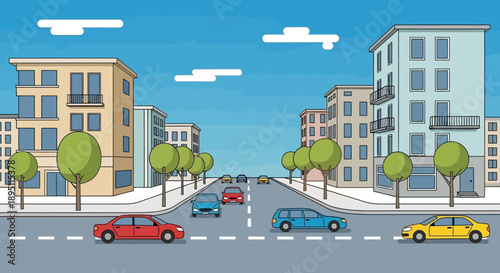 City street scene with cars driving past buildings and trees under a blue sky.