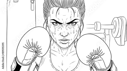 Determined female boxer in gym with sweat and gloves in intense line art style