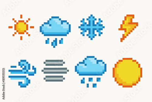 Weather pixel art icon set. Sun, rain, snow, cloud, lightning in pixelated outline style