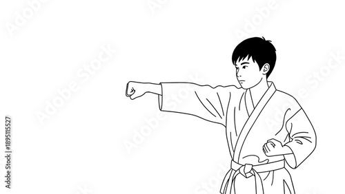Karate practice line art: teenage boy in kimono striking punch pose
