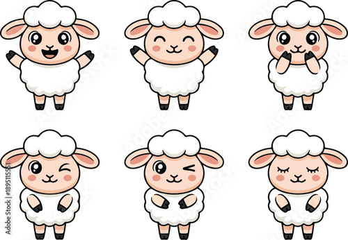 Cute Sheep Mascot Outline Manual Design Set Funny Cartoon Ewe