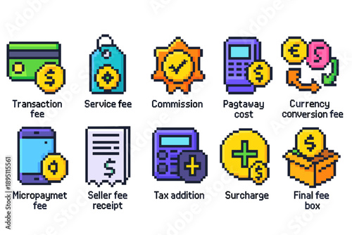 Finance, payment pixel icon set. Fee, commission, currency 8-bit icon collection