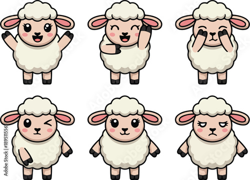 Cute Sheep Mascot Outline Manual Design Set Funny Cartoon Ewe