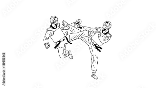 Dynamic taekwondo sparring: black belt athletes in protective gear executing high kicks