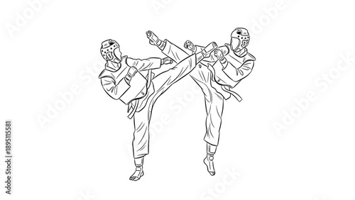 Martial arts combat scene with two fighters in traditional gear