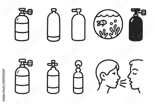 Scuba diving outline icon set. Diving equipment and ocean life linear icons pack
