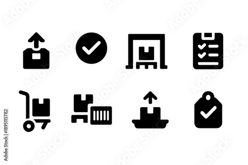 Warehouse and delivery solid icon set. Logistics, shipping, inventory icons collection