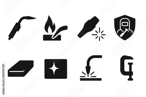 Welding and safety silhouette icon set: tools, fire hazards, protective gear essentials