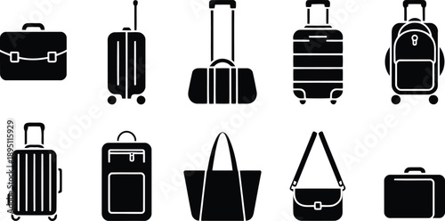 A varied group of black silhouette icons illustrating common types of luggage and travel bags