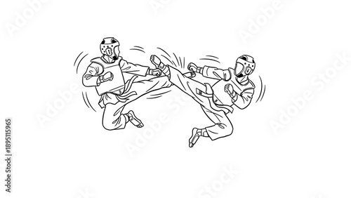 Dynamic martial arts fight with two athletes kicking in protective gear