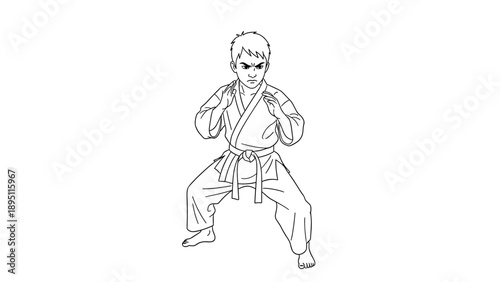 Karate kid ready to fight in defensive stance line art