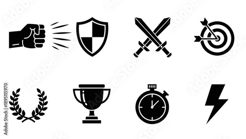 Bold icon set with symbols of strength, competition, and achievement in silhouette style