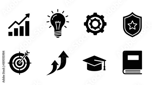 Essential business and education icon set: growth, innovation, and achievement in bold silhouettes