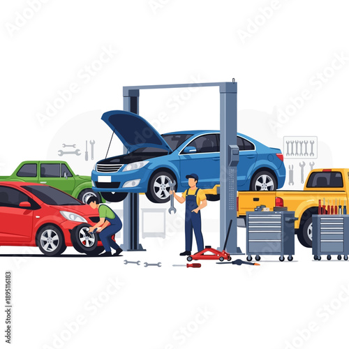 Auto Repair Shop Scene with Mechanics Working on Cars and Trucks