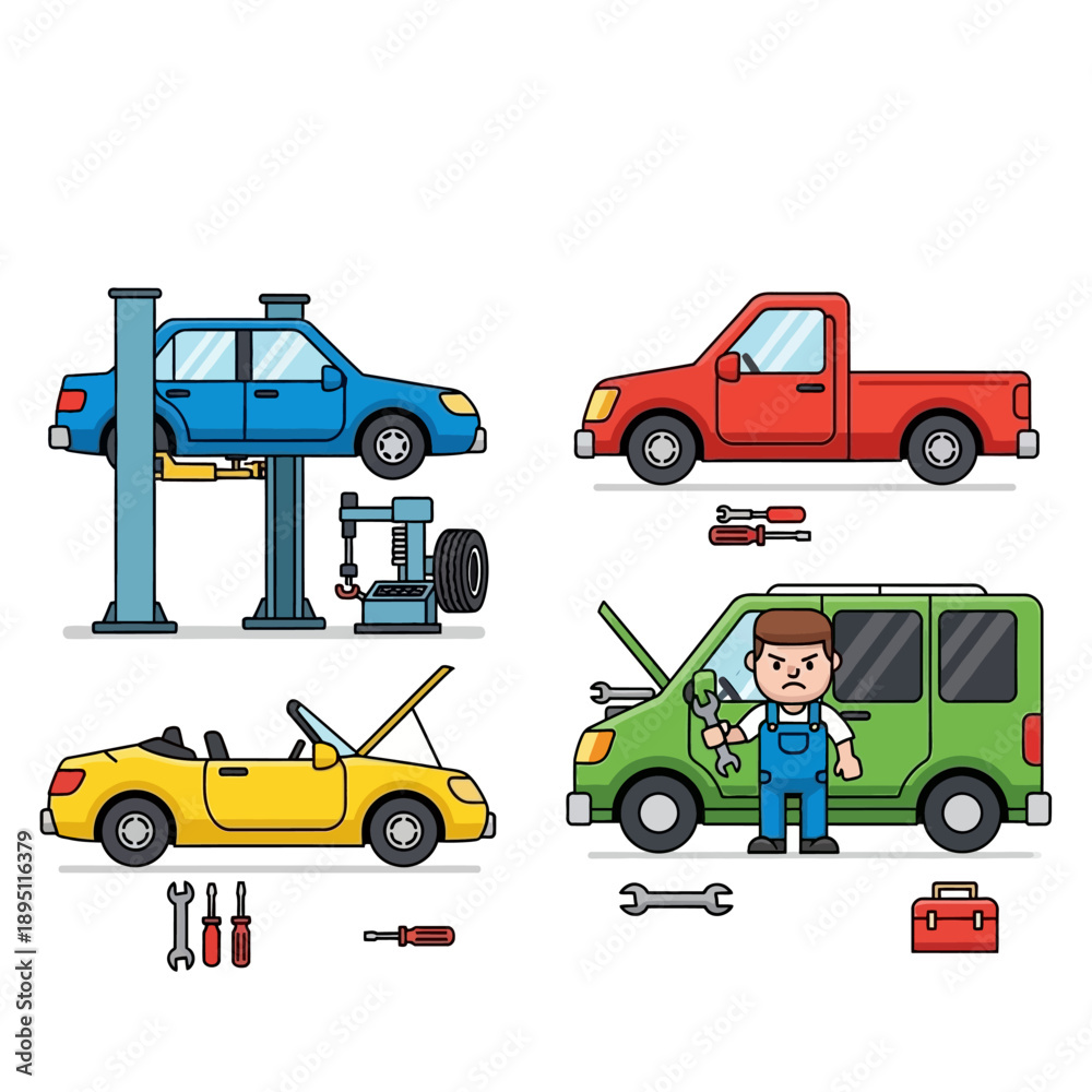Fototapeta premium Car Repair Service: Mechanics Fixing Vehicles on Lift and Tools, Garage Scene