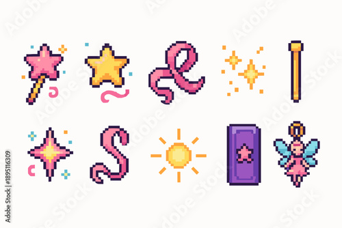 Fantasy pixel icon set. Magic, fairy tale, wand, star, fairy icons in pixel style