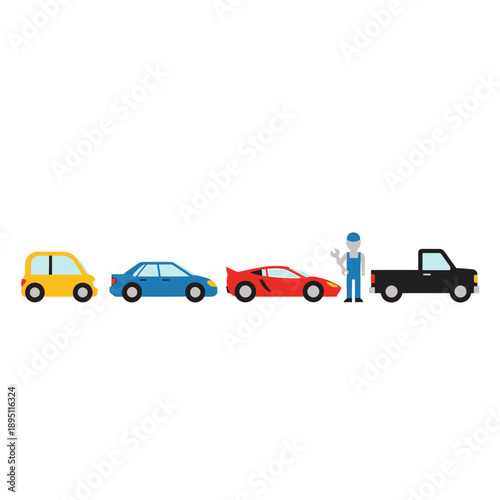 Car Mechanic With Wrench Standing Next To Assorted Cars, Auto Service Concept