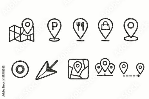 Navigation and location outline icon set. Map, gps, travel, landmark icons in outline style