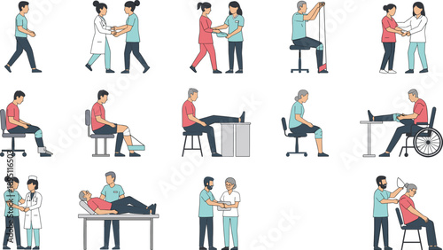 Physiotherapy and Rehabilitation Treatment Scenes with Patients and Medical Staff Flat Vector Set