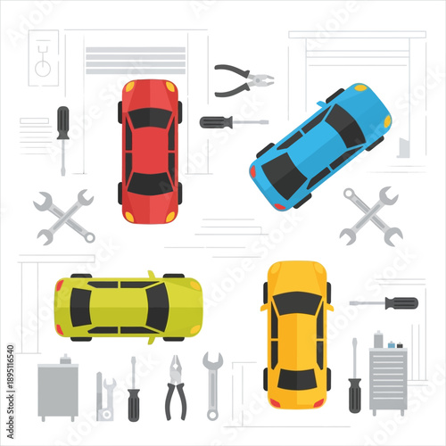 Car Repair Service: Flat Illustration of Cars and Tools in Garage