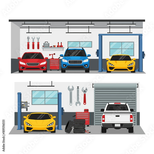 Automotive Repair Shop Scene with Cars, Tools, and Lifts - Flat Design