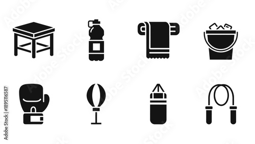 Fitness essentials icon set: gym equipment and accessories in bold black silhouettes
