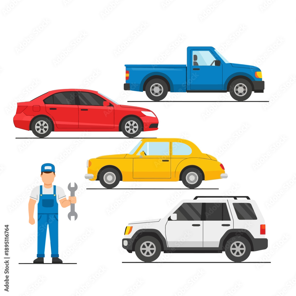Naklejka premium Auto Mechanic With Cars Collection: Sedan, Pickup, SUV, Classic