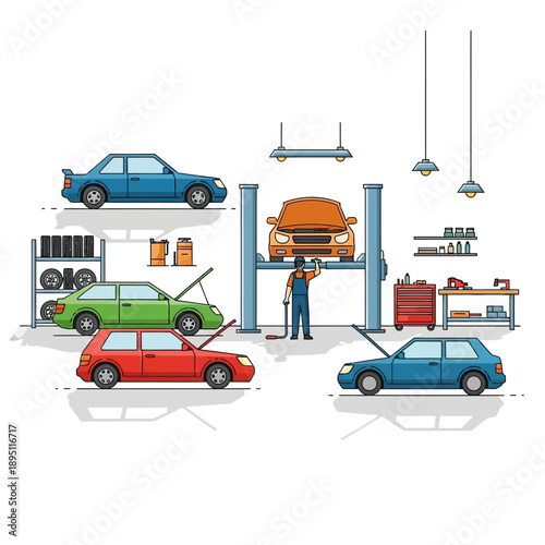 Automobile Repair Shop Scene: Mechanic Working on Car Lift, Vehicles Undergoing Service