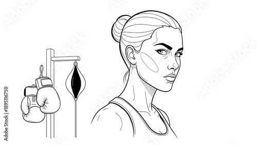 Boxer woman sketch with equipment: gloves and punching bag in black and white