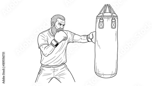 Linear style boxer practicing with punching bag in detailed sketch design