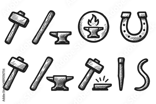 Blacksmithing, anvil flat icon set. Forge, hammer, tools icons flat collection