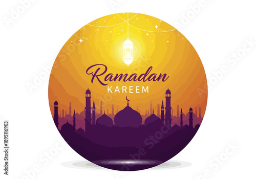 Vibrant Ramadan Kareem greeting with mosque silhouette and lantern