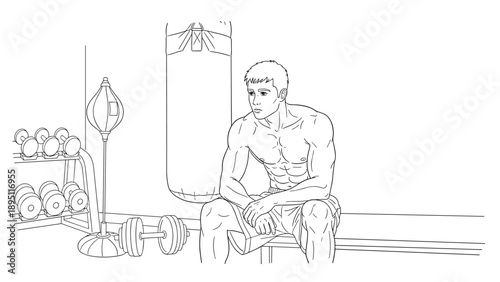 Linear drawing of a man resting in a gym with boxing equipment and dumbbells