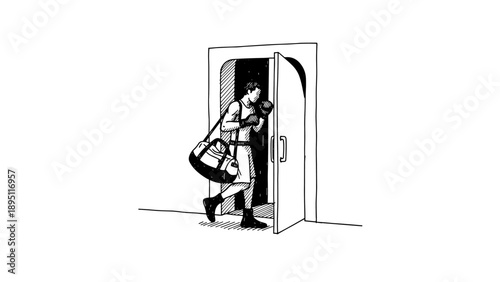 Monochrome sketch: traveler entering a doorway with luggage
