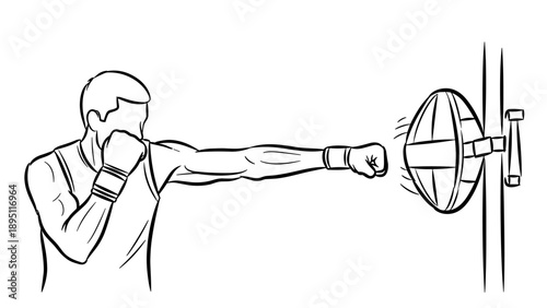 Boxer training with speed bag: dynamic continuous line art of punch practice