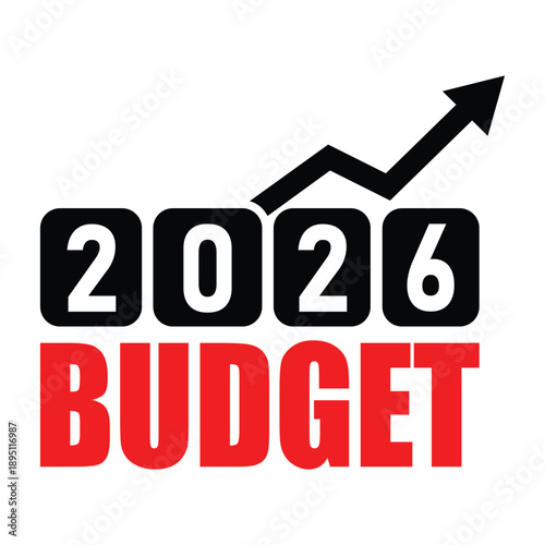 Modern 2026 Budget graphic featuring bold black typography with a red upward growth arrow inside the zero, set against a vibrant red banner. Ideal for financial planning and annual fiscal reviews.