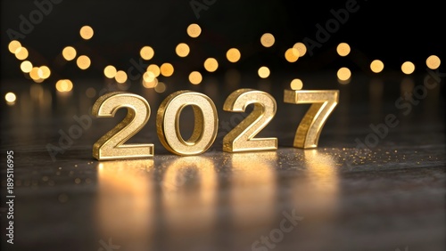 Golden 2027 New Year Celebration with Bokeh Lights Background