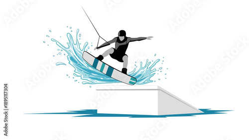 Dynamic wakeboarding trick with splash on minimalist water ramp