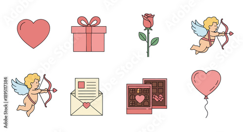 Valentine's Day Icons: Hearts, Cupid, Rose, Gift Box, Love Letter, Chocolates, Balloon
