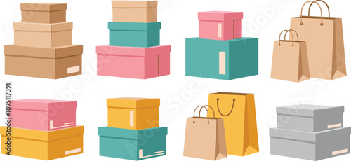 Stacked gift boxes and shopping bags packaging collection pastel flat vector illustration set