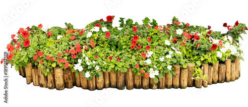 A wooden planter holds a mix of red and white flowers along with green leaves. This arrangement is set on a transparent background, showing off the colors clearly