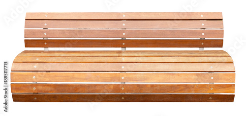 This wooden bench is cut out on a transparent background. It has evenly spaced wooden slats and metal fittings. Useful for design and creative projects needing seating visuals