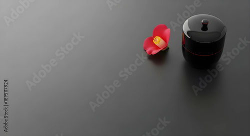 茶道具の棗と花びらのシックな和風背景。消炭色の背景に右上の格式高い装飾。高級旅館やブランド向けのデザイン余白。