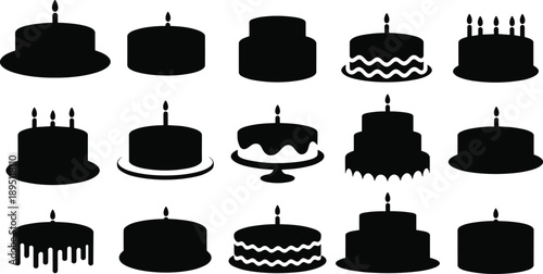 Birthday cake silhouette vector collection, candle icons, flat black cake shapes, celebration dessert graphic set for design, decoration, print